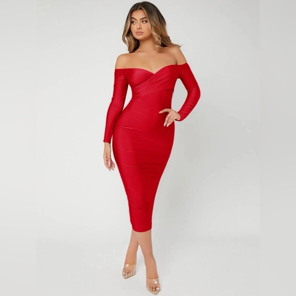 Red Off the Shoulder Bodycon Midi Dress, US M, 6 - Picture 2 of 4